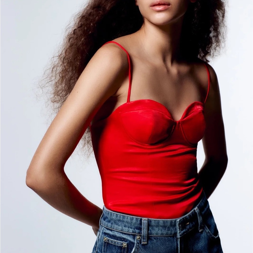New Zara Red Satin Effect Bustier Bodysuit